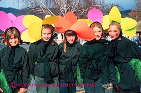 Stock Photo #2094: keywords - costume faces five flower girls group horz identical makeup not parade released similar team