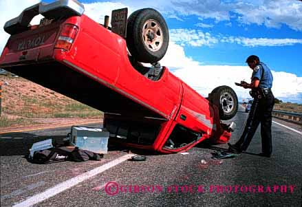 Stock Photo #2142: keywords - accident accidents auto car cars caution claim collision collisions crash damage danger highway horz injury insurance investigate job loss occupation police property report rollover traffic vehicle vehicles work wreck wrecked