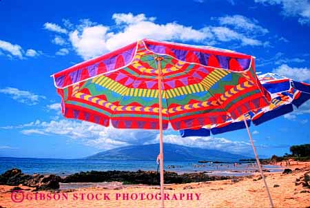 Stock Photo #2195: keywords -  abstract beach bright colorful geometric geometry hawaii horz maui pattern pink radial red summer sun umbrellas