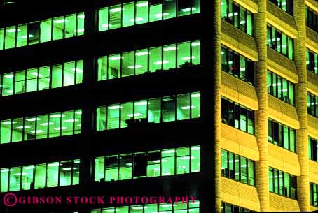 Stock Photo #2202: keywords -  building downtown fluorescent geometric geometry grid high horz lighting night office pattern rise square windows