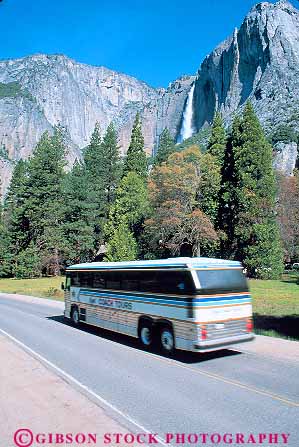 Stock Photo #14620: keywords -  bus buses busing california cliff commercial destination falls highway landscape mass national near park parks public road roads scenery scenic street streets tour touring tours transit transportation travel traveler travelers vacation vehicle vert waterfall yosemite