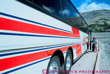 Stock Photo #14628: keywords - alberta athebasca bright bus buses busing canada color commercial destination glacier horz jasper mass national paint painted park parked red road roads street streets stripe stripes tour touring tours transit transportation travel traveler travelers vacation vehicle