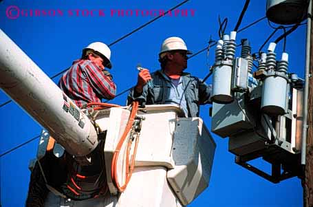 Stock Photo #2246: keywords -  caution danger electrical electricity energy grid hardhat hazard height horz job labor maintenance not occupation occupational pole power released repair risk safety summer team technician tools utility vocation work workers