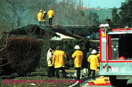 Stock Photo #2304: keywords -  building burned burning career caution coat danger emergency sk fight fire fireman firemen home horz house income investigate jacket jackets job observe occupation public residential ri safety service suit uniform urban vocation work yellow