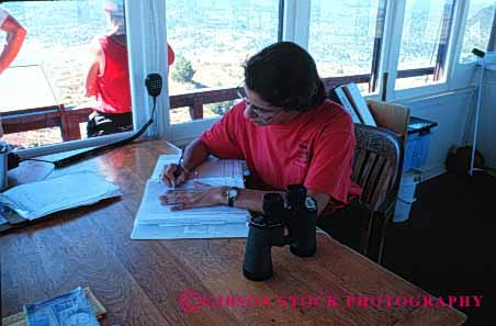 Stock Photo #2327: keywords -  alarm cabin california career communicate elevated emergency female fire forest high hilltop horz isolated job ledger lookout modoc not observe occupation panoramic record released remote report smoke station view vocation woman work write