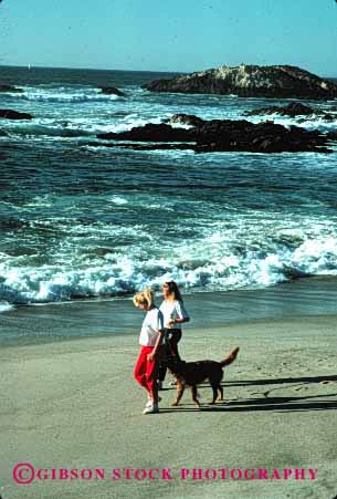 Stock Photo #2371: keywords -  alone beach coast couple dog female not ocean outdoor private relationship relax released sand share summer together vert walk water wave women