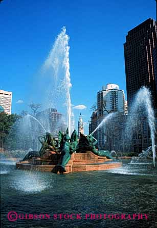 Stock Photo #2396: keywords -  city downtown fountain hall motion movement pennsylvania philadelphia statue swann tall vert water