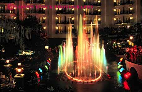 Stock Photo #2408: keywords -  blur colorful dusk exposure fountain horz hotel long motion movement nashville opryland pool splash spray squirt tennessee time water