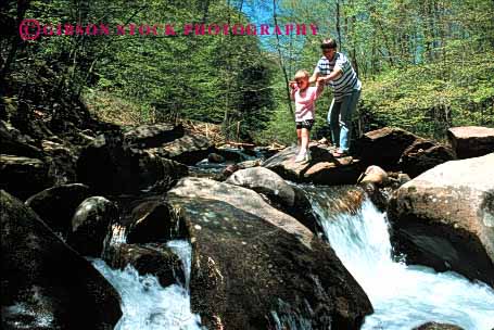 Stock Photo #2491: keywords -  adventure assist balance child creek daughter explore family female girl help hike horz mother parent recreation released river rock single sport step stream summer together vacation walk warm water wife woman