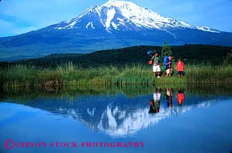 Stock Photo #2510: keywords -  adventure backpack boy california camp child children dad daughter exercise father girl horz lake mount mountain outdoor parent reflection released shasta single son sport summer together water