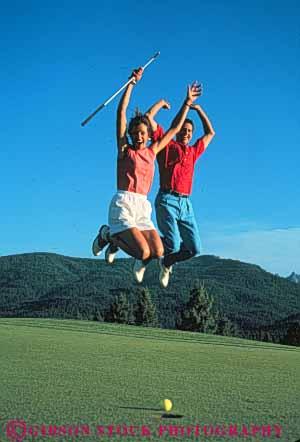 Stock Photo #3448: keywords -  cooperate couple couples excite golf happy joy jump private released share sport success summer thrill together vert