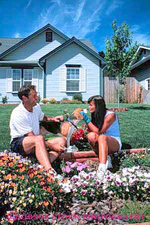 Stock Photo #2870: keywords -  affection couple decorate dog flowers garden gardening home house husband intimate landscape love plant released residential share summer together vert wife