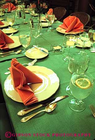 Stock Photo #2911: keywords -  fancy for glass meal napkin plate setting silverware table utensils vert