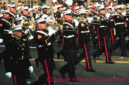 Stock Photo #3075: keywords -  band celebrate colorful coordinate horz marching marines military move music musician noise not parade performance practice released row show soldier sound team together trombone uniform walk