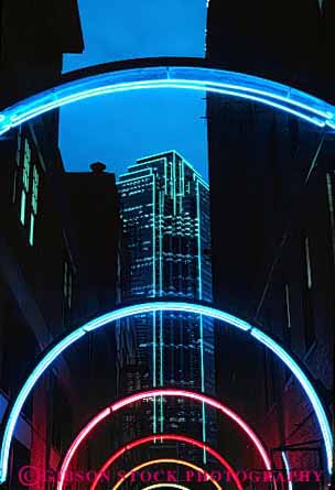 Stock Photo #3121: keywords -  abstract architecture bright city color colorful curve dallas design downtown geometric geometry lighting neon night pattern texas vert