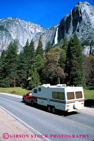 Stock Photo #3212: keywords -  california camp camper convenient fall highway national park pick pull recreational rv trailer travel truck up vacation vehicle vert waterfall yosemite