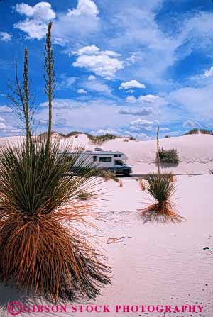 Stock Photo #3219: keywords -  camp camper convenient desert dry highway hot mexico monument national new recreational rv sand sands sun travel vacation vehicle vert white yucca