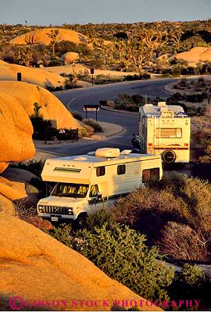 Stock Photo #3222: keywords -  california camp camper convenient dawn desert dusk highway joshua national park recreational rv summer sunrise sunset travel tree vacation vehicles vert