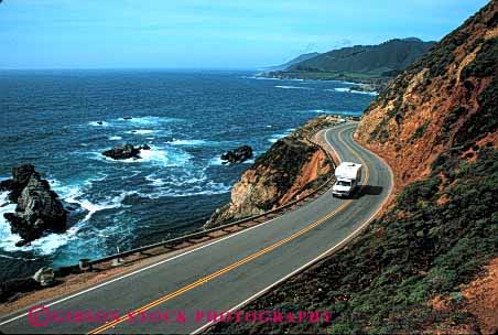 Stock Photo #3231: keywords -  big california camp camper carmel coast convenient curve highway horz monterey ocean one pick recreational rv scenic sur travel truck up vacation vehicle