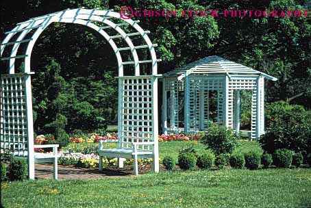 Stock Photo #4027: keywords -  arch decorate design exterior flower gazebo grid home horz house landscape lawn residential square structure trellis white wood yard