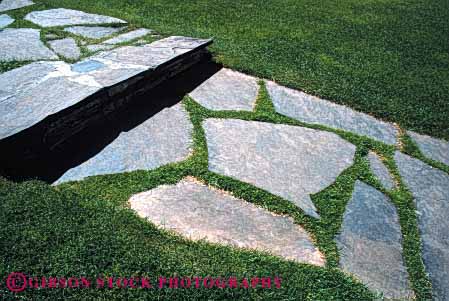 Stock Photo #4053: keywords -  design fit flagstone flat garden geometric geometry grass horz landscape lawn outdoor path pattern route stone trail walk walkway yard