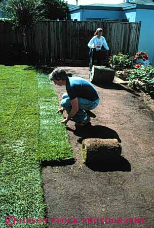 Stock Photo #4062: keywords -  accomplish backyard build cooperate couple decorate design garden gardening grass green home house improvement labor landscape lawn lay outdoor released share sod team together vert work yard