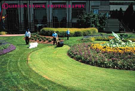 Stock Photo #4065: keywords -  architecture building crew cut employee garden gardeners gardening grass green groom horz job labor landscape landscaping lawn maintenance office team trim work yard