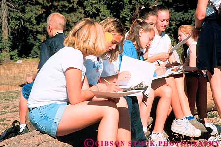 Stock Photo #14327: keywords -  adolescent adolescents child children class classes field girl girls group groups horz middle outdoor outside paper people report reports school schools student students summer teen teenage teenagers teens trip trips write writes writing young youth