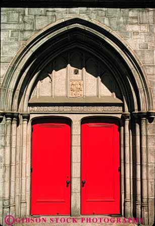 Stock Photo #4393: keywords -  arch architecture church custom design door doorway entrance entry frame front pair pattern red two vert wood