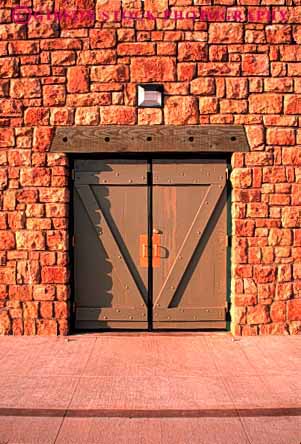 Stock Photo #4394: keywords -  architecture braced cross custom design door doorway entrance entry frame heavy masonry pattern sandstone secure square stone strong utility vert wall wood