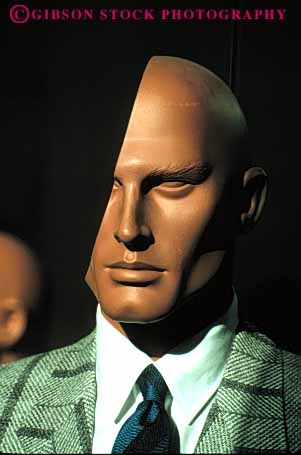 Stock Photo #4668: keywords -  body display face fake half head human imitation incomplete male man mannequin model neck part retail sales sell strange suit tie unusual vert