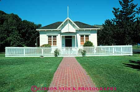 Stock Photo #4671: keywords -  americana architecture brick building california center class country countryside design education fence historic history horz house learn learning old one picket rafael room rural san school schoolhouse schoolhouses sidewalk small style tradition traditional vintage walkway white