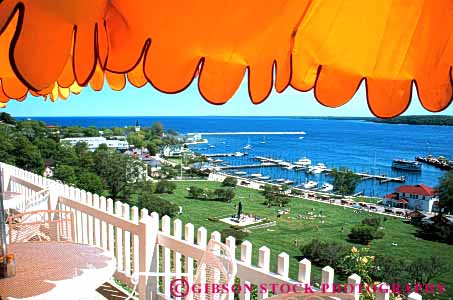 Stock Photo #4707: keywords -  aerial area cafe dining elevated fence horz island landscape mackinac michigan overview picket restaurant scenic umbrella view yellow