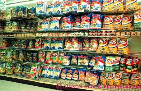 Stock Photo #4854: keywords -  advertise array business chip chips choice commerce consume consumerism display economics economy enterprise exhibit food grocery horz inventory junk lots many merchandise merchandising package present product products promote rack retail retailer sale sales selection sell selling snack store trade