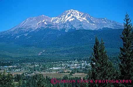 Stock Photo #5196: keywords -  america american buildings california city community horz landscape mount mountain neighborhood rural safe safety secure security shasta sky small snow summer town