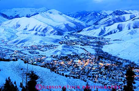 Stock Photo #5200: keywords -  aerial america american buildings chilly city cold community dusk elevate elevated horz idaho ketchun landscape light lighting mountain mountains neighborhood rural safe safety secure security small snow sun town valley view wilderness winter