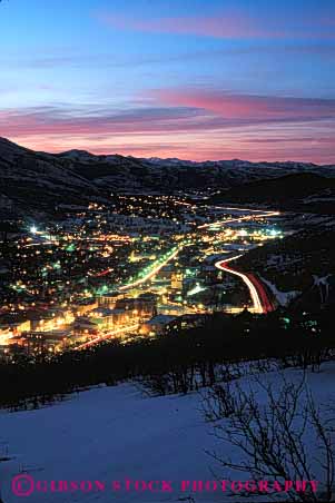 Stock Photo #5213: keywords -  america american buildings city cold community dusk elevate elevated light lighting lights neighborhood overview park rural safe safety secure security small snow sunset town utah vert winter