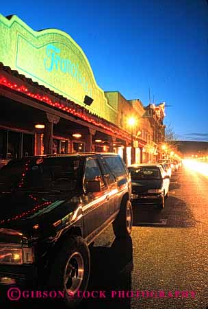 Stock Photo #5216: keywords - america american buildings car city colorado community durango dusk light lighting lights main neighborhood parked rural safe safety secure security small street sunset town traffic vert west western