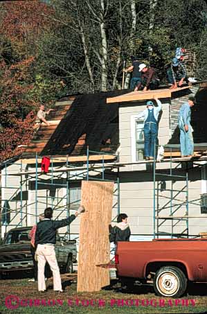 Stock Photo #5225: keywords -  assist assistance assisting charity citizen citizens community construction cooperate cooperating crew effort friend friends help helpers home house neighbor neighborhood project public remodel restore roof roofing scaffold service team vert volunteer volunteers work workers