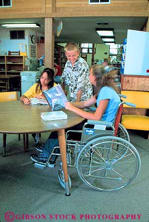 Stock Photo #13375: keywords -  adolescent adolescents african american black boy chair challenge challenged children disable disabled disadvantage disadvantaged ethnic ethnicity female friend friends gender genders girl girls group groups handicap handicapped libraries library male minority mix mixed multi need needs people physical physically read reading reads released special talk talking talks teen teenage teenager teenagers teens three vert wheel wheelchair wheelchairs young youth