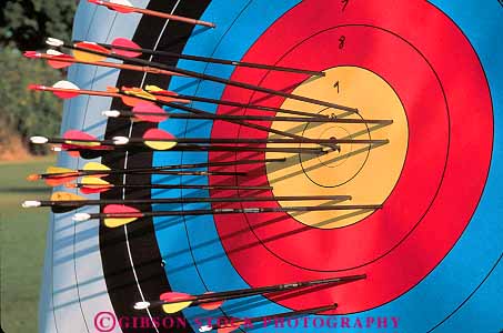 Stock Photo #13491: keywords -  aim aiming aims archery arrow arrows bulls circle circles circular colorful concentric eye horz in line linear round target targets